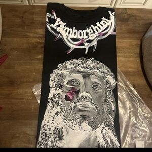 VLONE Yamborghini Black Short Sleeve Graphic Tee with White and Purple Accents